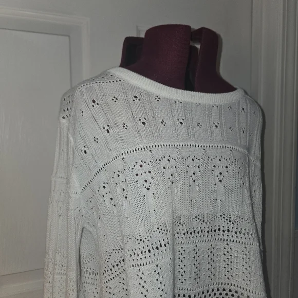 Altar'd State Bell Sleeve White Cotton Eyelet Crew Neck Scalloped Hem Sweater - Picture 2 of 8